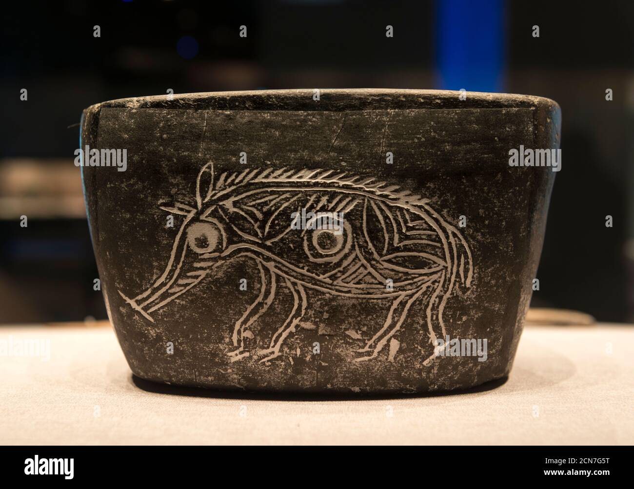 Ciotola in ceramica con motivo di maiale. Museo Zhejiang. Hemudu culture (7,000–5,300 anni fa) Foto Stock