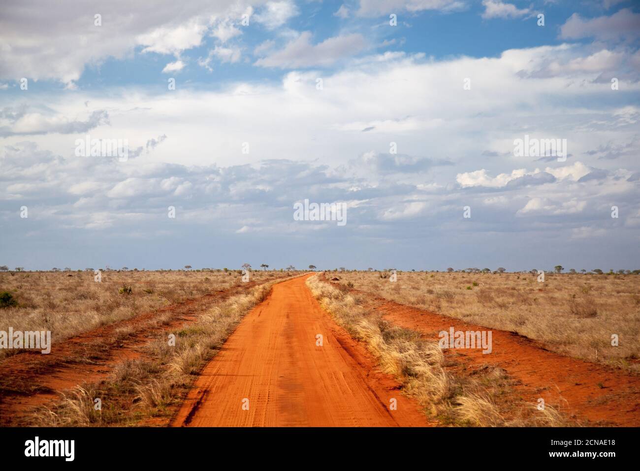 Terra rossa modo, cielo blu con nuvole, scenario del Kenya Foto Stock