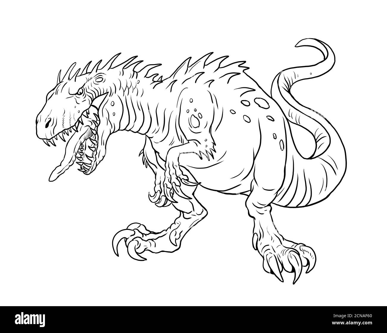 Dinosauro fantasy carnivoro. Disegno isolato Dino. Foglio da colorare. Foto Stock