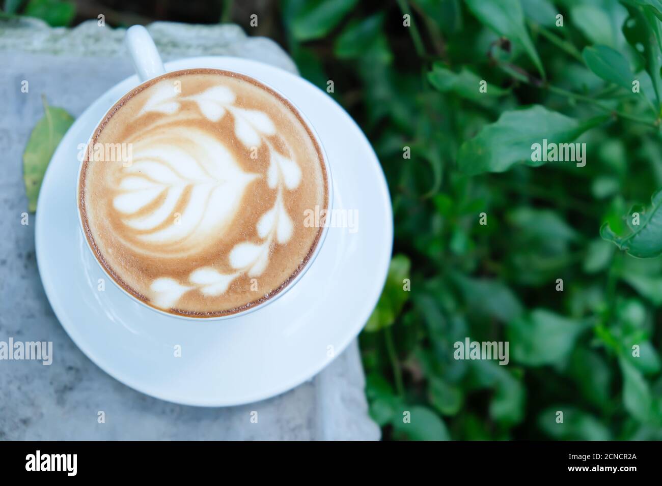 Una tazza di latte è sulla sedia di marmo in un giardino tropicale, primo piano di una tazza bianca di ceramica di caffè latte con latte art. Vista dall'alto. Foto Stock