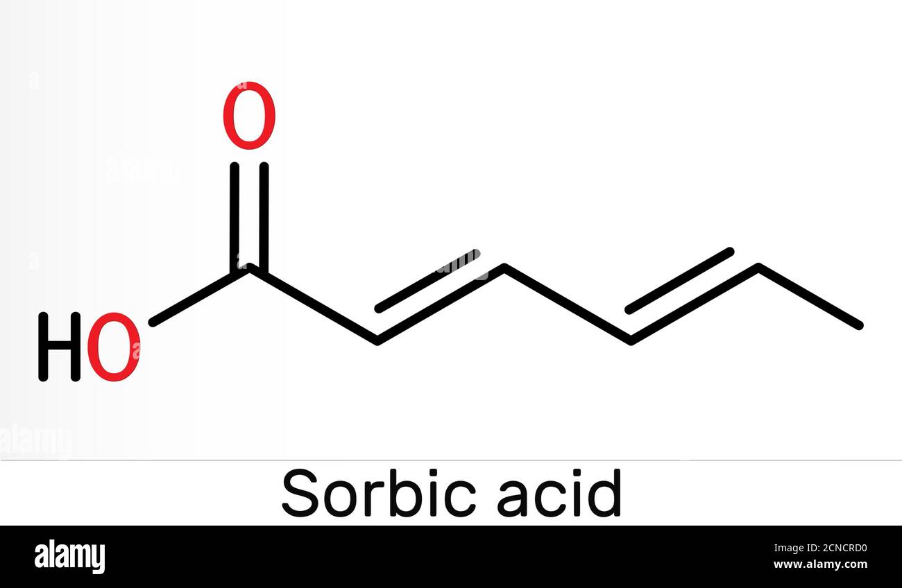 Acido sorbico, acido 2,4-esadienoico, molecola E200. Si tratta di acido  grasso esadienoico e poliinsaturo. Si tratta di acido coniugato di sorbato.  Prodotti chimici scheletrici Foto stock - Alamy