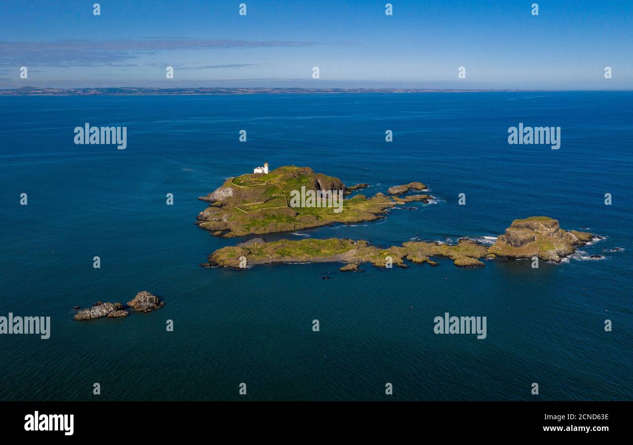 Vista aerea, isola di Fidra nel Firth of Forth, East Lothian, Scozia Foto Stock