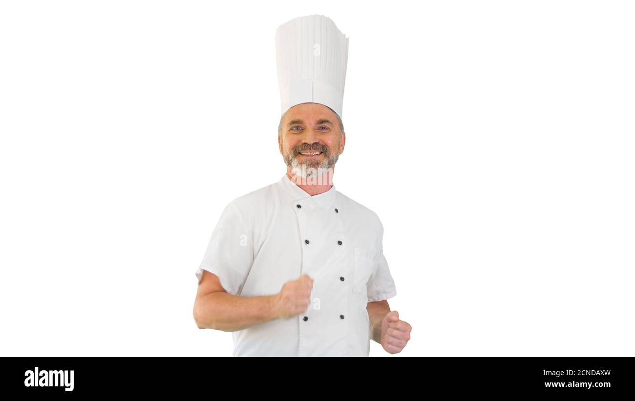 Chef maturo con barba e balli in uniforme bianca bianco bac Foto Stock