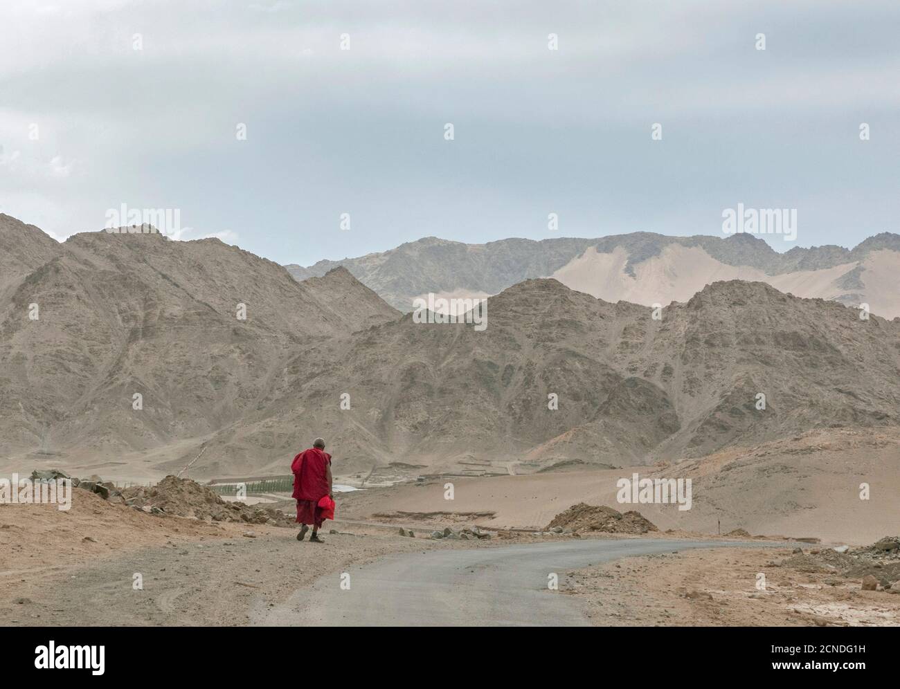Monaco che cammina su strada con paesaggio di montagna, Ladakh, India Foto Stock