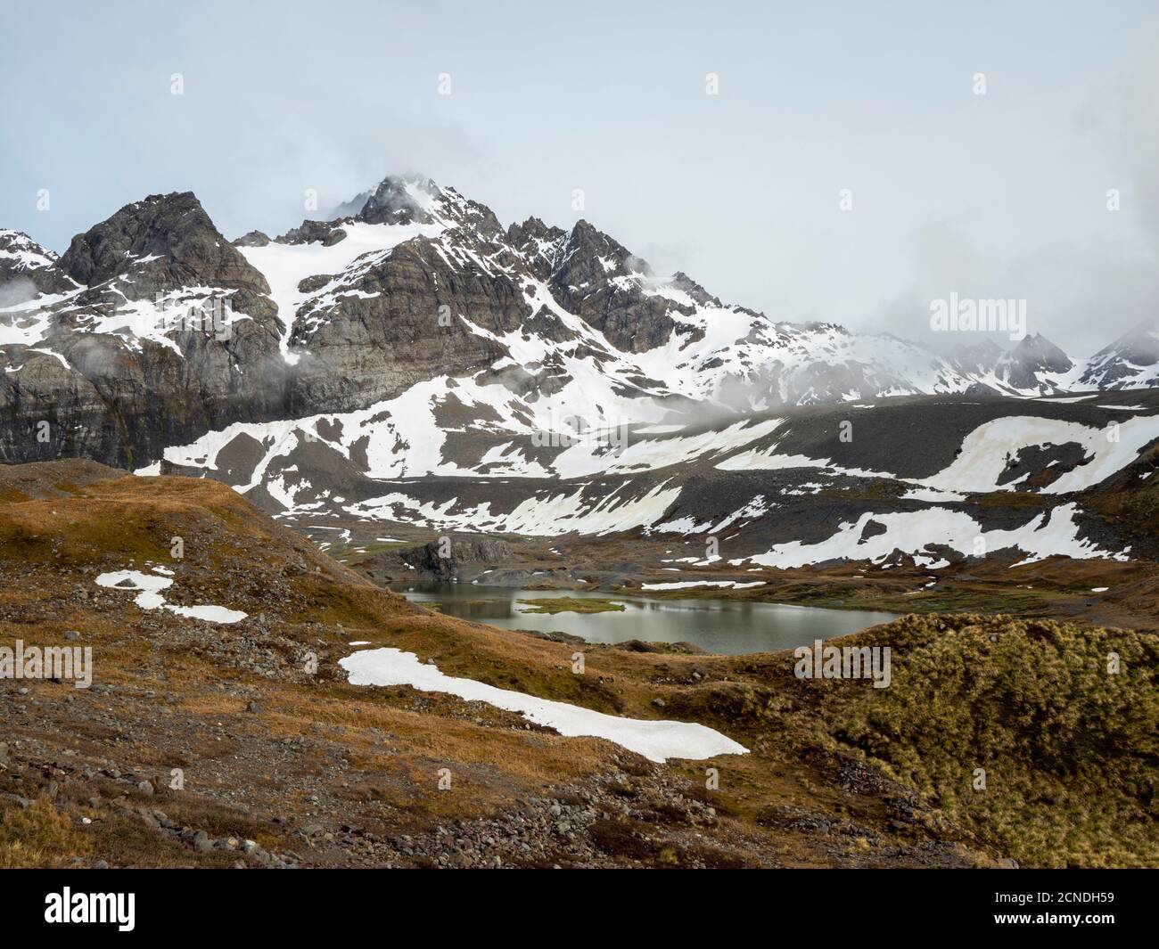 Montagne innevate e lago glaciale di acqua di fusione nel Gold Harbour, Georgia del Sud, regioni polari Foto Stock