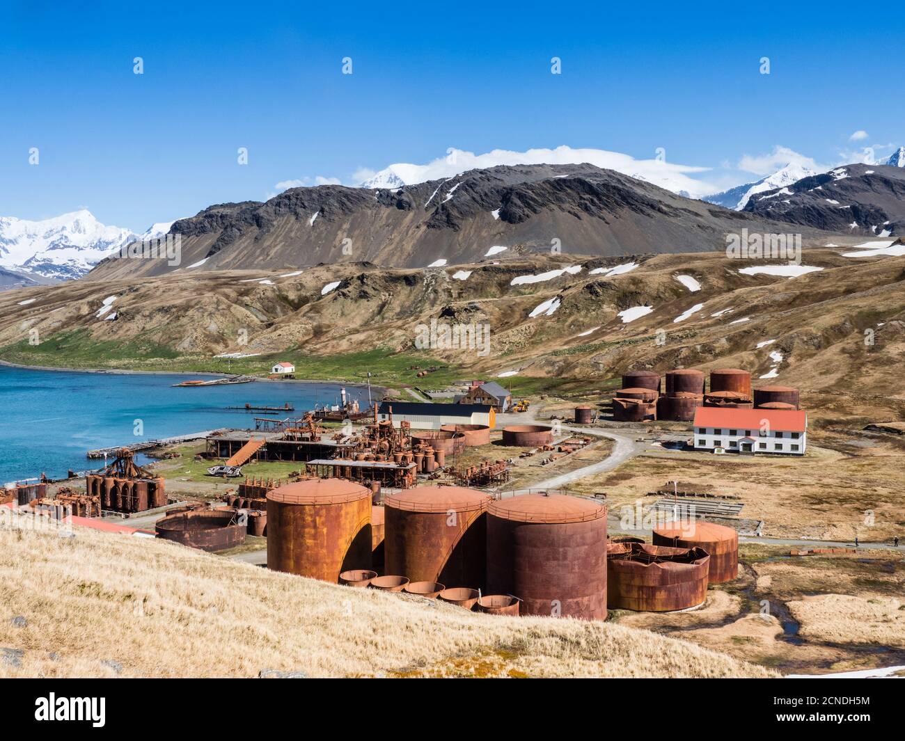 Macchinario arrugginito presso la stazione di caccia alla balena norvegese abbandonata a Grytviken, East Cumberland Bay, South Georgia, Polar Regions Foto Stock