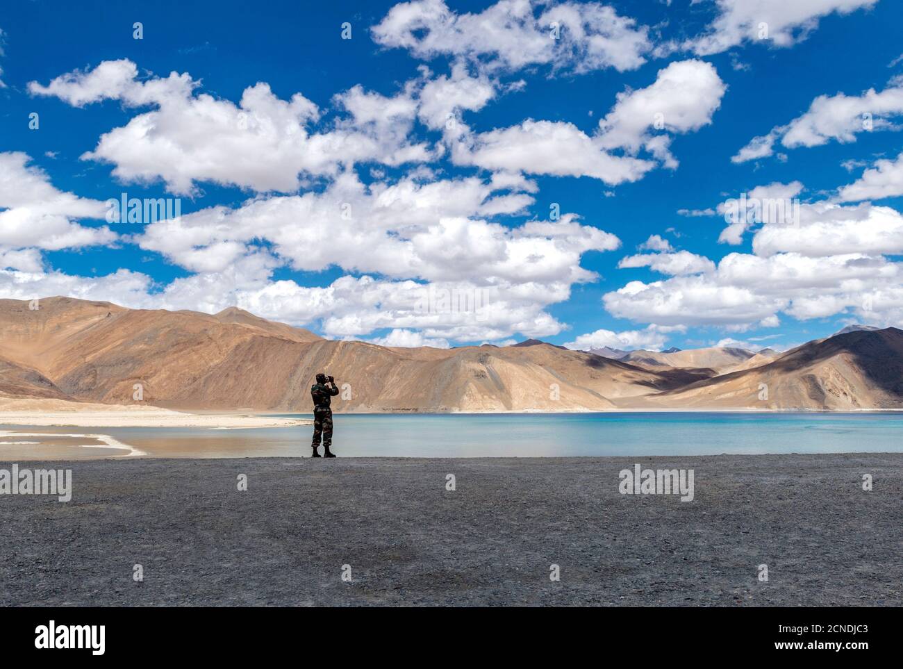 Armyman al lago Pangong, Ladakh, India. Pangong TSO è un lago endorheic nell'Himalaya situato ad un'altitudine di 4,225 m. Foto Stock