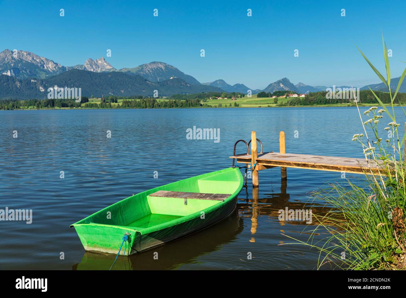 Canottaggio in un molo, lago Hopfensee, Hopfen am See, Alpi Allgau, Allgau, Schwaben, Baviera, Germania, Europa Foto Stock