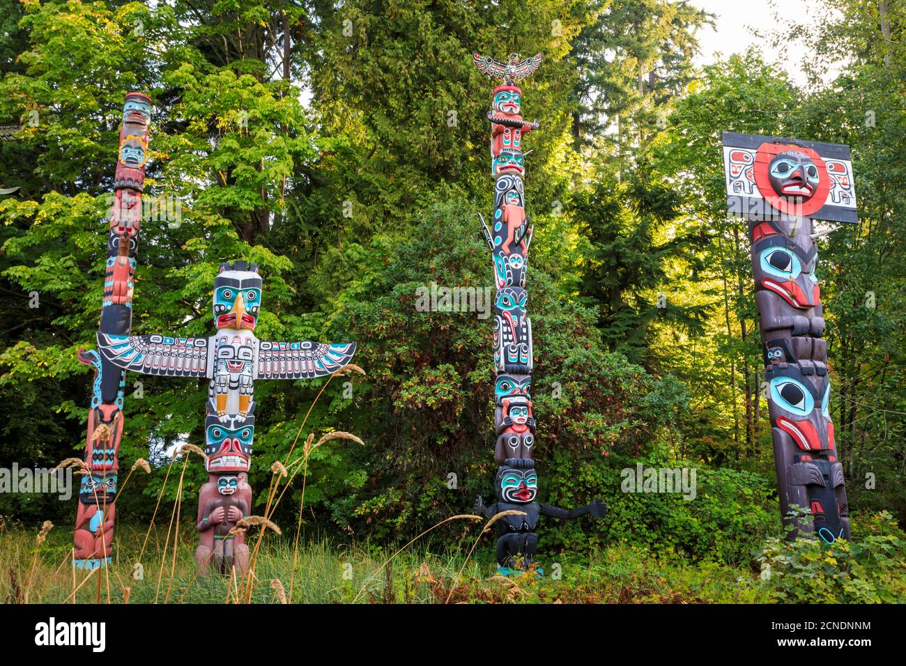 First Nation Totem Poles, Brockton Point, Stanley Park, autunno, Vancouver City, British Columbia, Canada Foto Stock