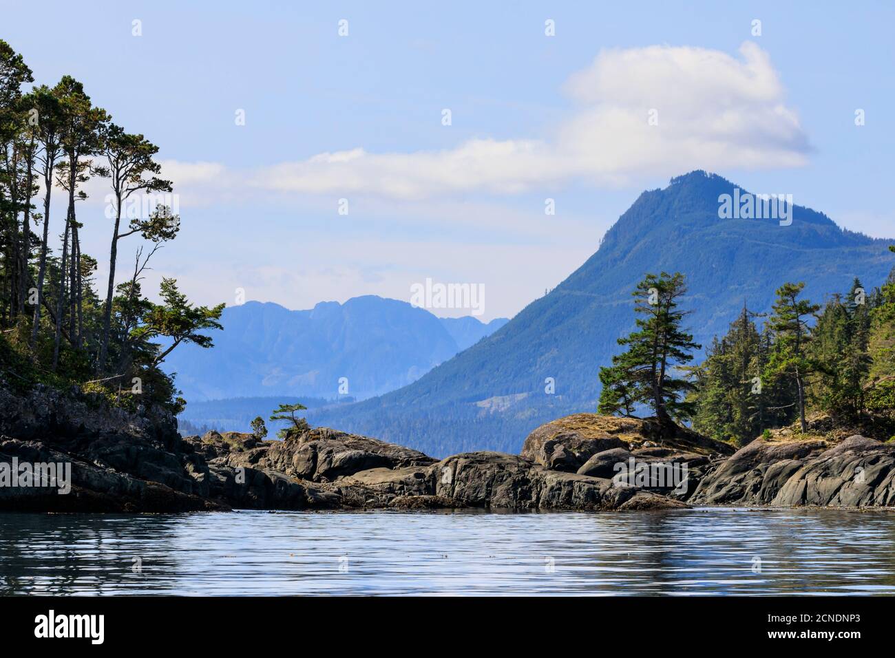 Alberato riva rocciosa di un'isola in mare calmo vicino Alert Bay, Inside Passage, British Columbia, Canada Foto Stock