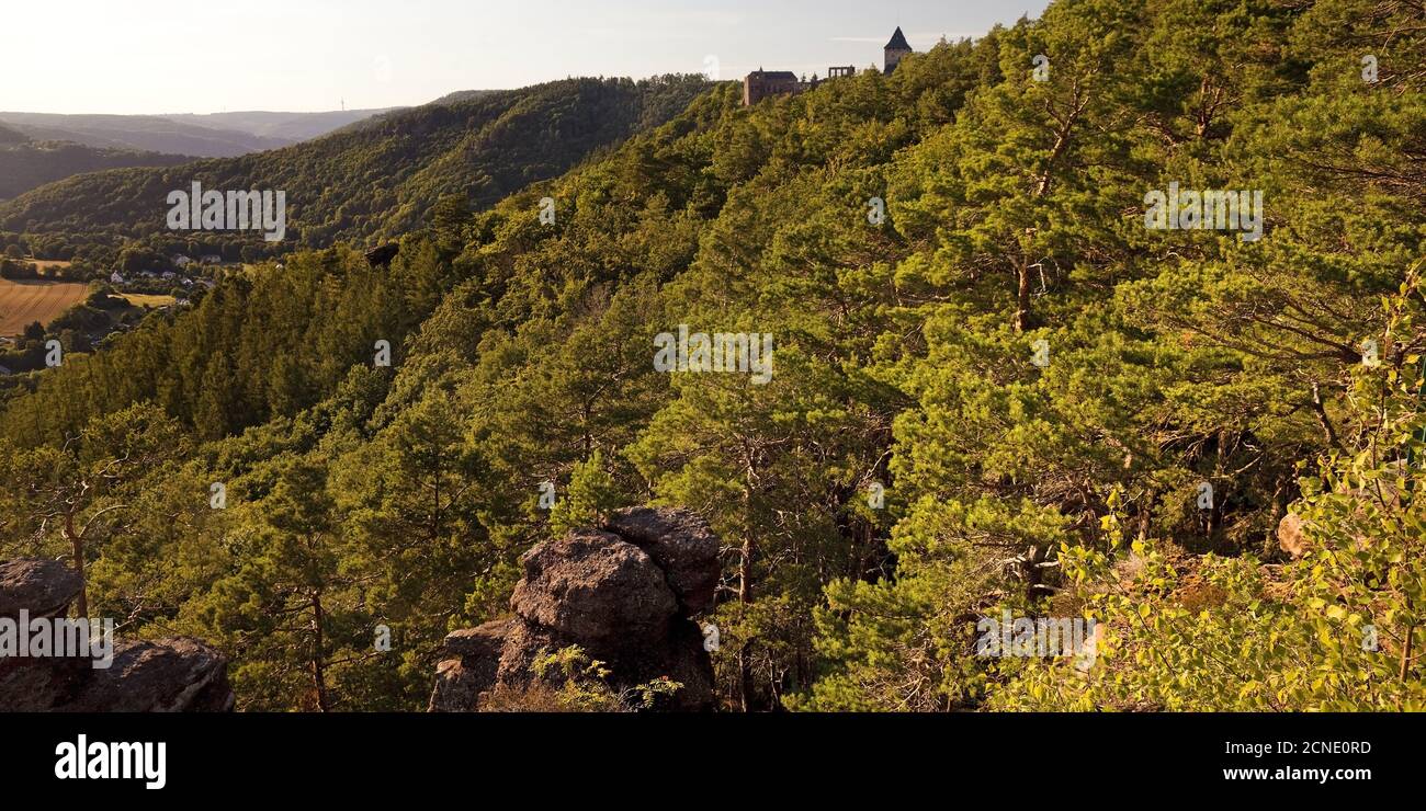 Vista dalla roccia di arenaria rossa Efles a Nideggen Castello, Nideggen, Eifel, Germania, Europa Foto Stock