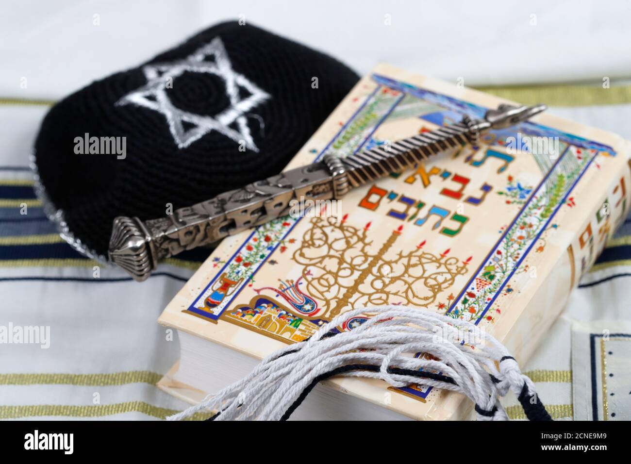 Silver yad, tzitzit bianco e nero, tallit, kippah e Torah, simboli ebraici, Francia, Europa Foto Stock