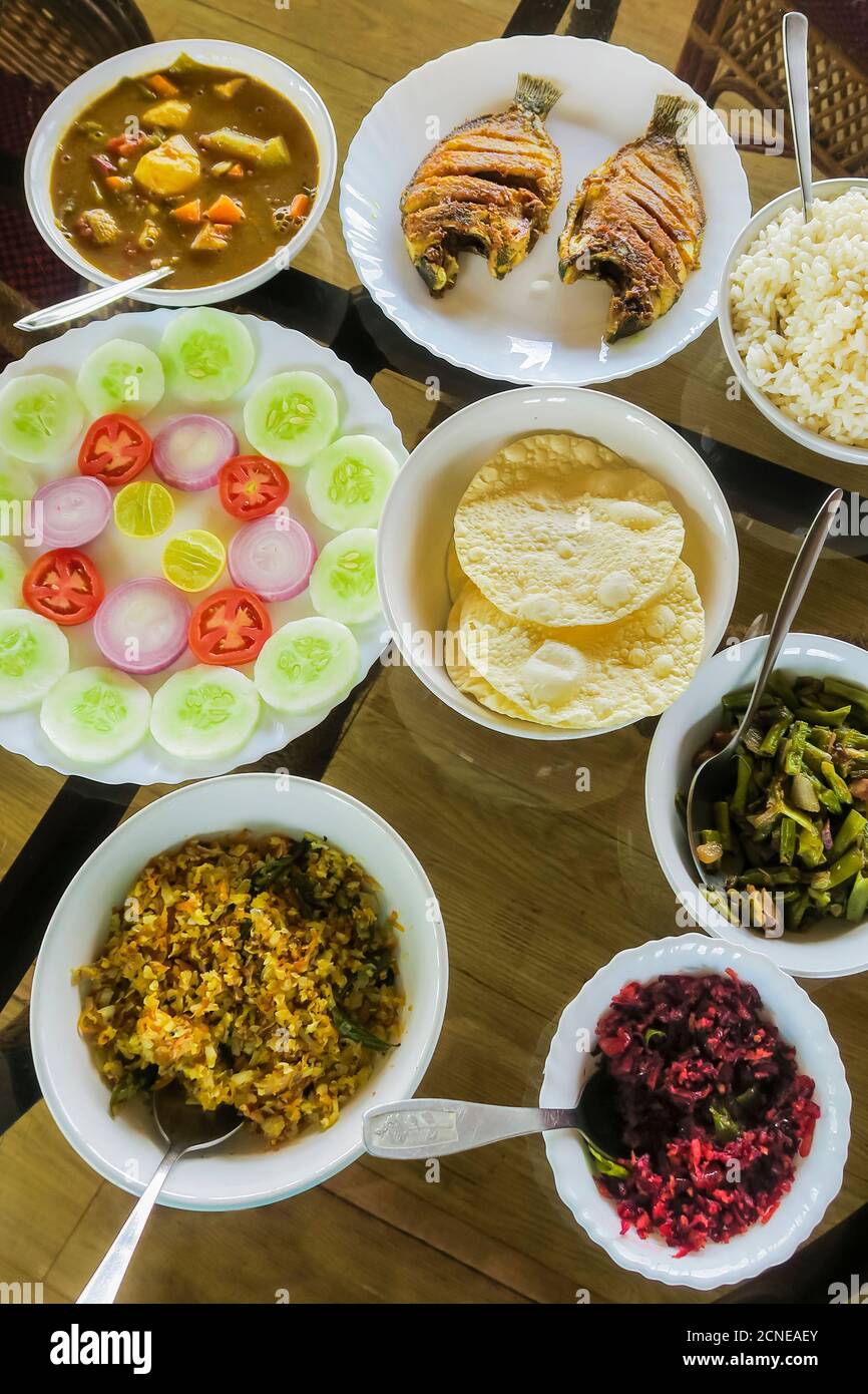 Pasto tipico Keralan in backwater casa gallegante, riso, fagioli, cavolo, curry, papad, pesce fritto, Alappuzha (Alleppey), Kerala, India, Asia Foto Stock