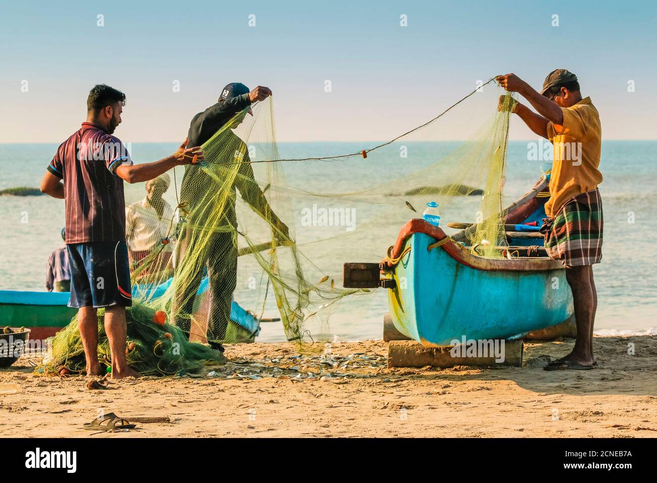 I pescatori puliscono la rete alla bella spiaggia di Kizhunna, a sud di Kannur sulla costa settentrionale del Keralan, Kizhunna, Kannur, Kerala, India, Asia Foto Stock