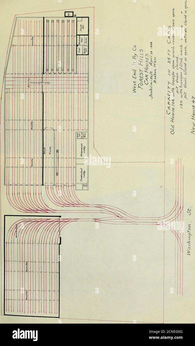 . Inventario della West End Street Railway Company . oo = CQ c 0 |62-0 ForestHillsCarHouse Lot WET ST roxbury Area J 59832 SC^. Piedi. Scala,! In.-80ft. Ottobre, 189/T o 8 h o<0. -loto . Pi o,ce^ Foto Stock