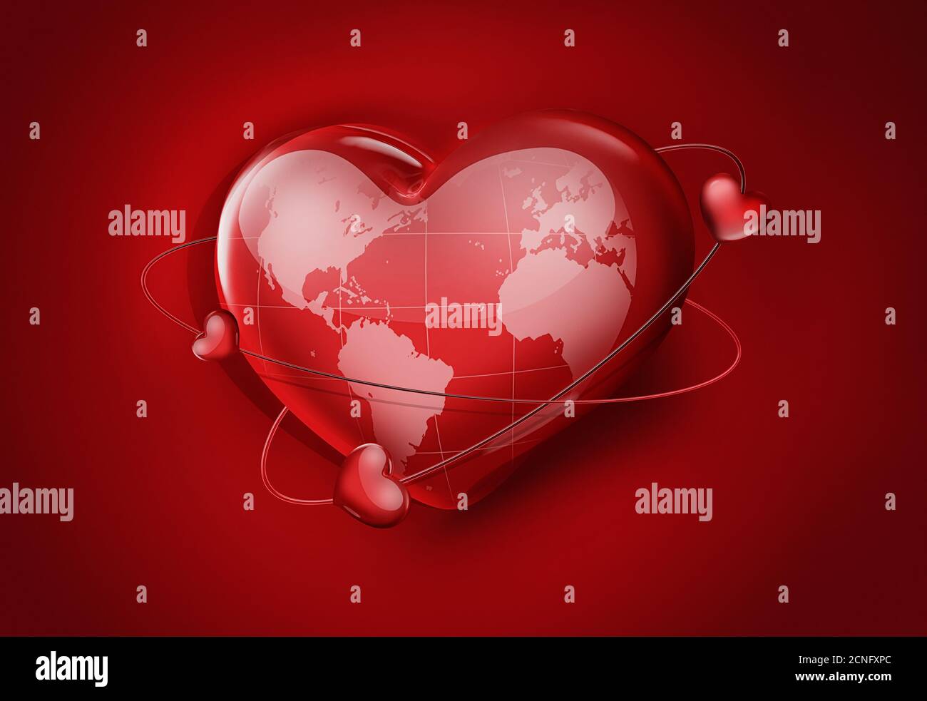 grande cuore rosso con mappa del mondo Foto Stock