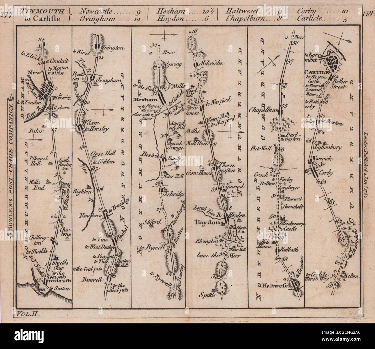Mappa stradale di Tynemouth-Newcastle-upon-Tyne-Hexham-Carlisle. BOWLES 1782 Foto Stock