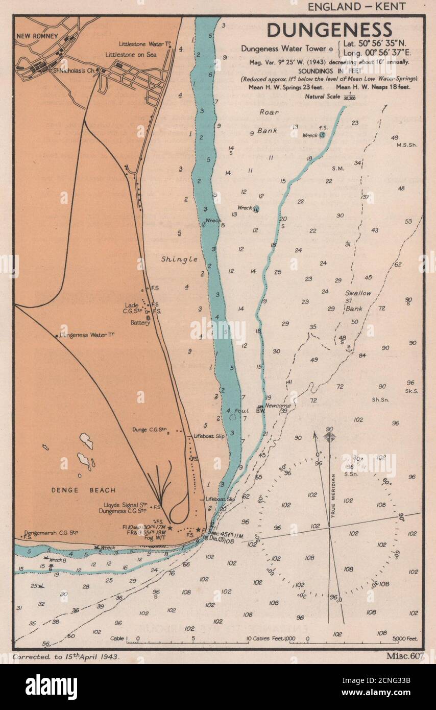 Dungeness, New Romney & Littlestone Sea Coast Chart. Kent. MAPPA DI ADMIRALTY 1943 Foto Stock