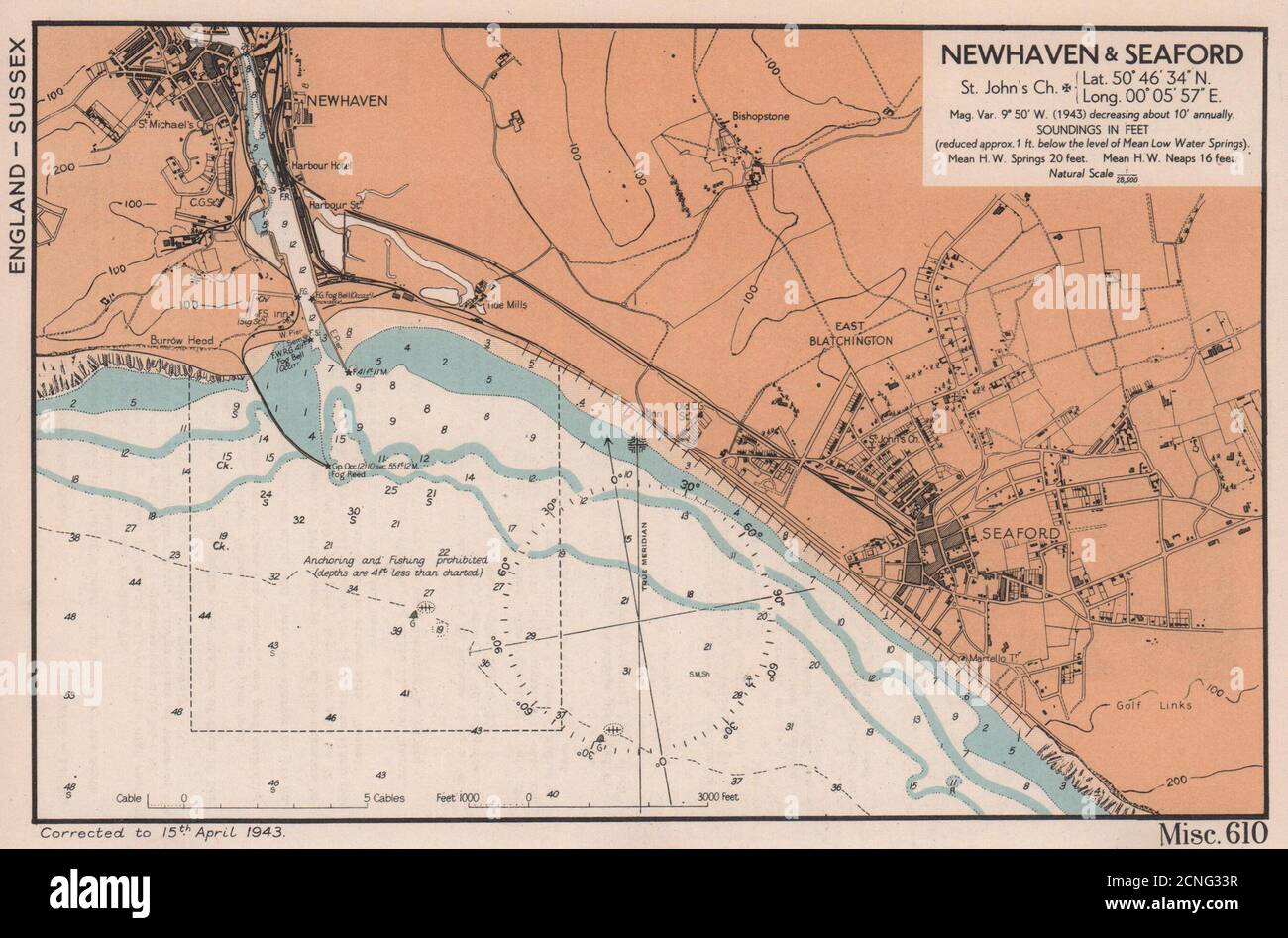 Pianta della città di Newhaven & Seaford e mappa della costa del mare. Sussex. ADMIRALTY 1943 vecchia mappa Foto Stock