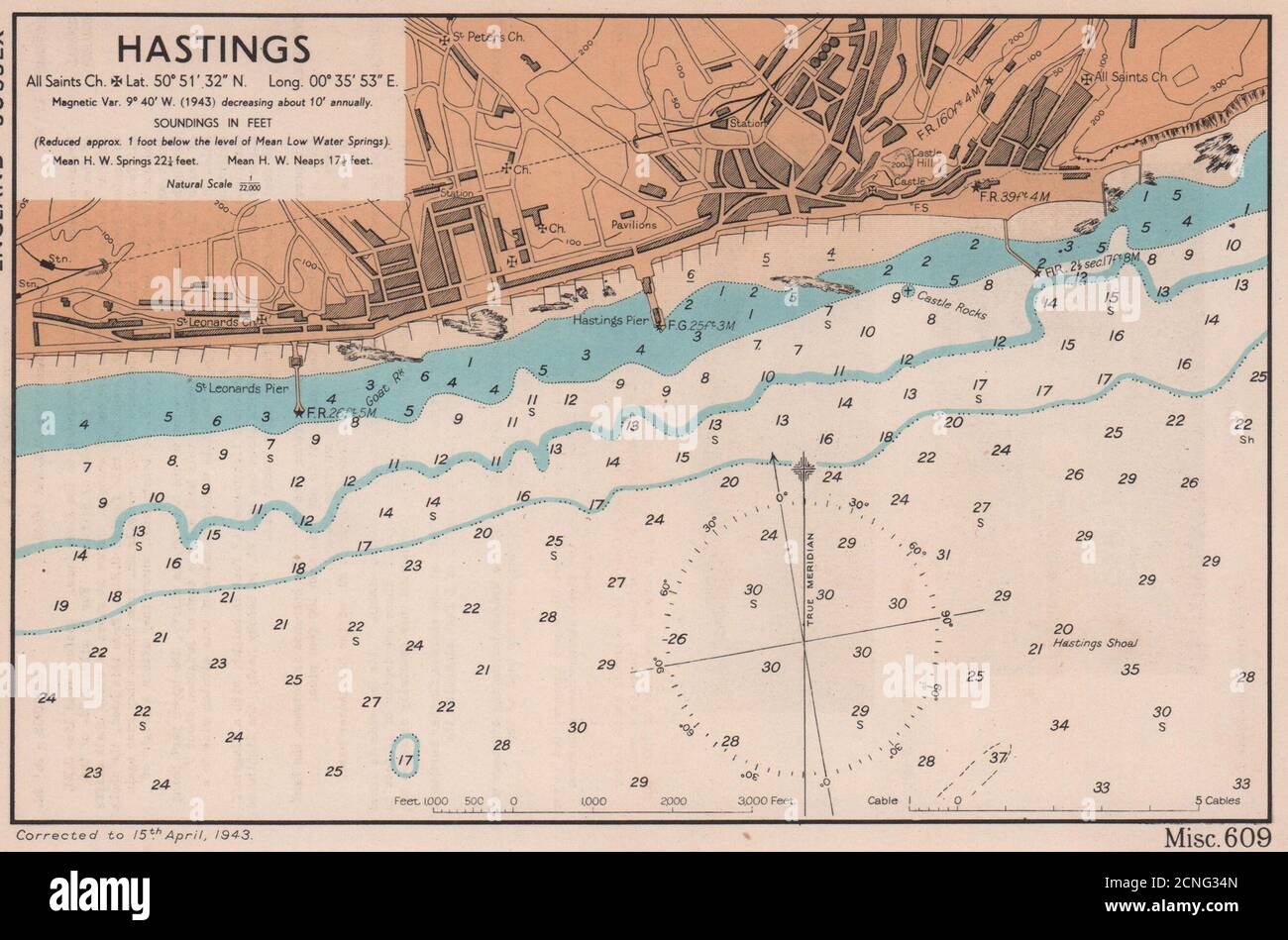 Hastings & St. Leonards pianta della città & grafico della costa del mare. Sussex. MAPPA DI ADMIRALTY 1943 Foto Stock