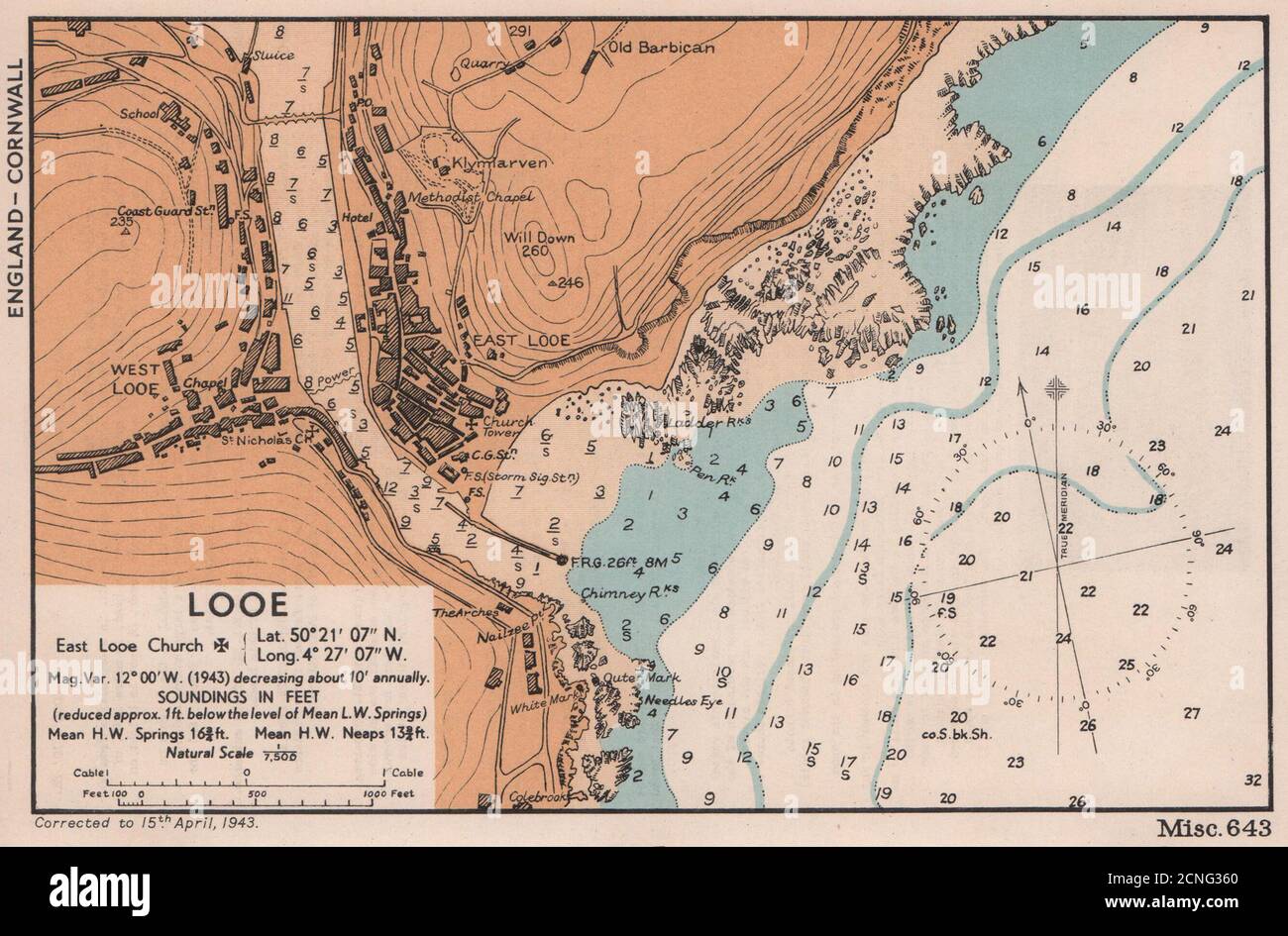 Looe pianta della città e mappa della costa del mare. Cornovaglia. ADMIRALTY 1943 vecchia mappa vintage Foto Stock