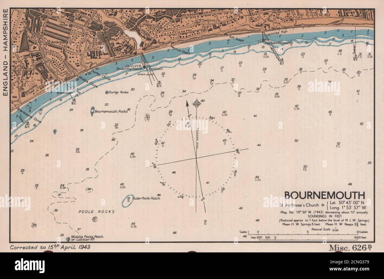 Bournemouth Sea Coast Chart. Dorset. ADMIRALTY 1943 vecchio piano mappa vintage Foto Stock
