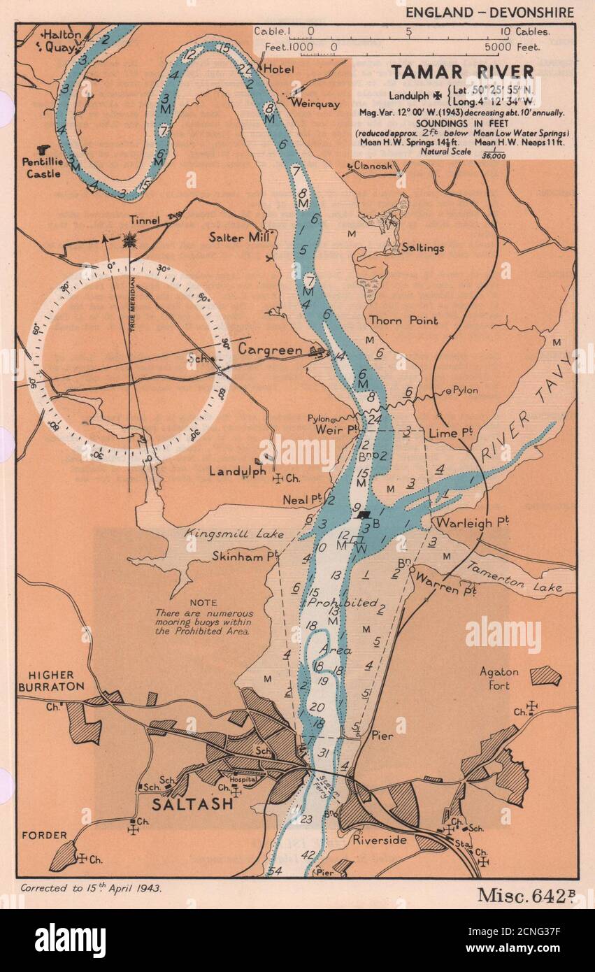 Tamar River & Saltash Sea Coast Chart. Cornovaglia. ADMIRALTY 1943 vecchia mappa Foto Stock