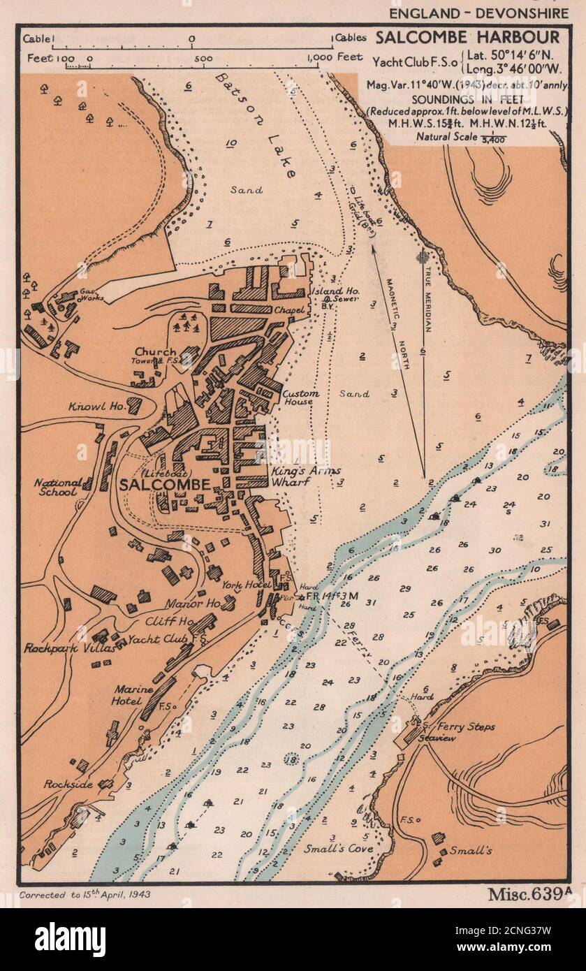 Piano della città di Salcombe Harbour e grafico della costa del mare. Devon. ADMIRALTY 1943 vecchia mappa Foto Stock