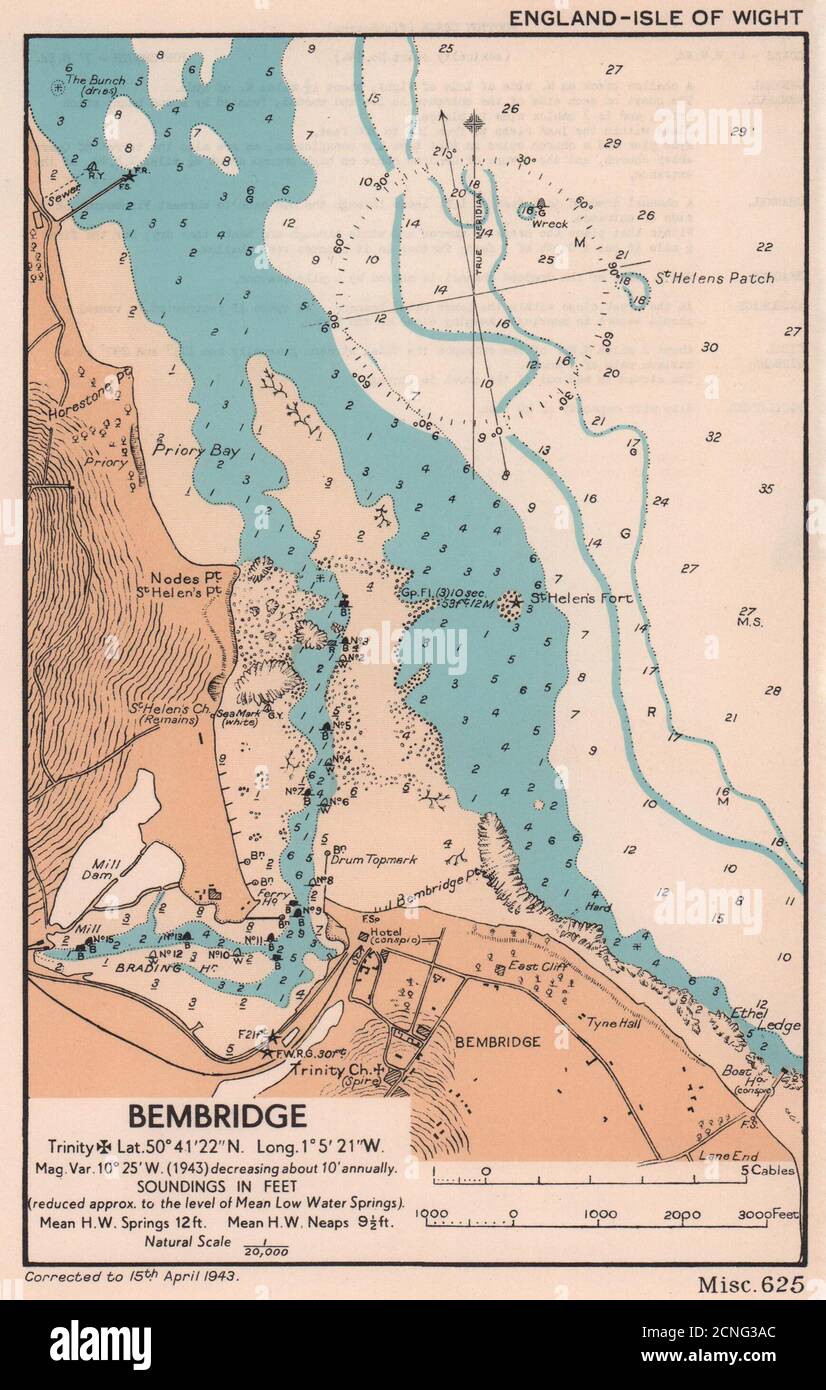 Bembridge Sea Coast grafico. Bradatura. Isola di Wight. ADMIRALTY 1943 vecchia mappa Foto Stock