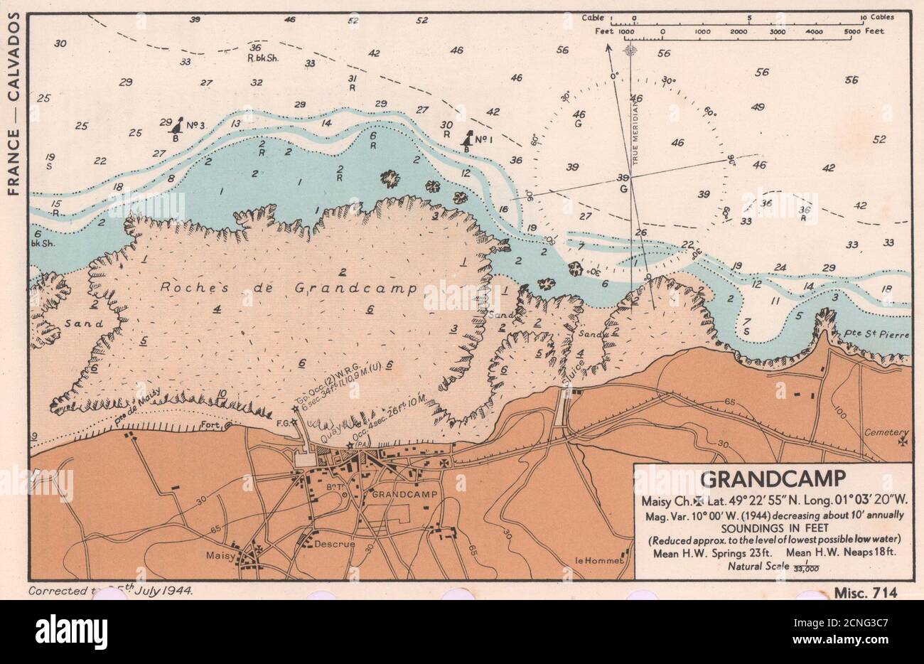 Grandcamp. Maisy pianta della città e mappa della costa del mare. Mappa di pianificazione D-Day. AMMIRAGLIATO 1944 Foto Stock