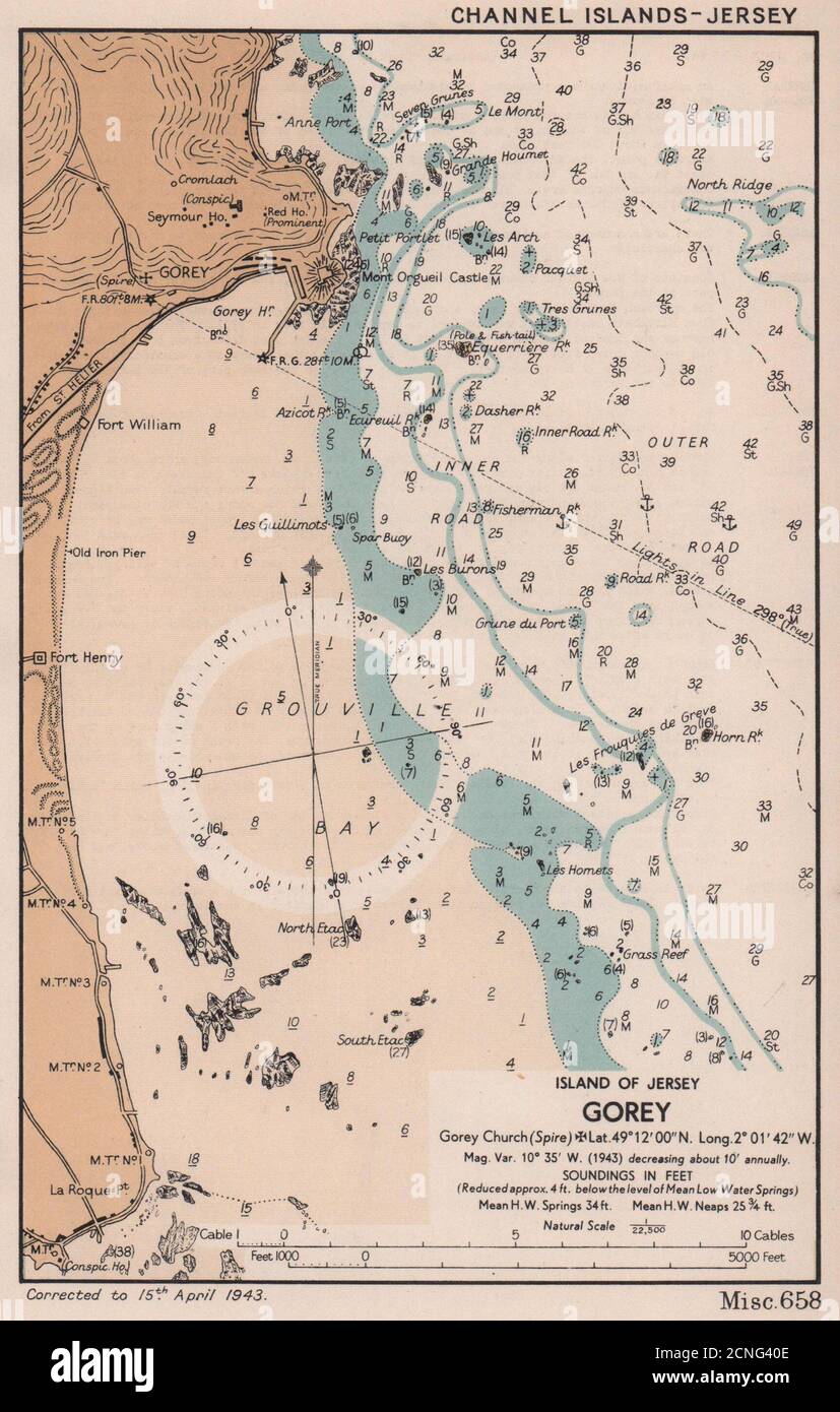 Gorey, Jersey Sea Coast Chart. D-Day planning map Isole del canale AMMIRAGLIATO 1943 Foto Stock