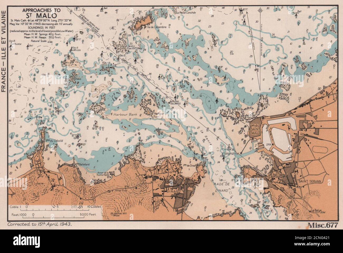 St Malo/Servan Dinard si avvicina alla costa. Mappa di pianificazione D-Day. AMMIRAGLIATO 1943 Foto Stock