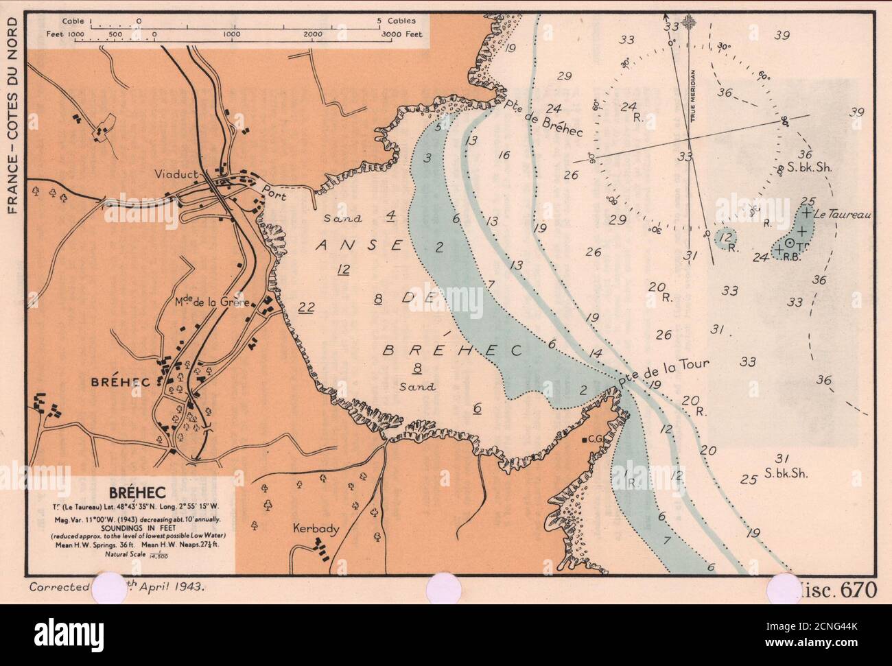 Mappa della costa del mare di Bréhec. Mappa di pianificazione D-Day. Côtes-d'Armor. AMMIRAGLIATO 1943 Foto Stock