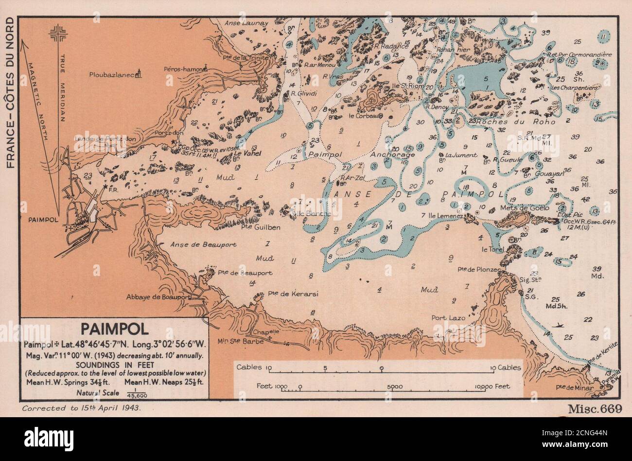 Paimpol mare costa grafico. Mappa di pianificazione D-Day. Côtes-d'Armor. AMMIRAGLIATO 1943 Foto Stock