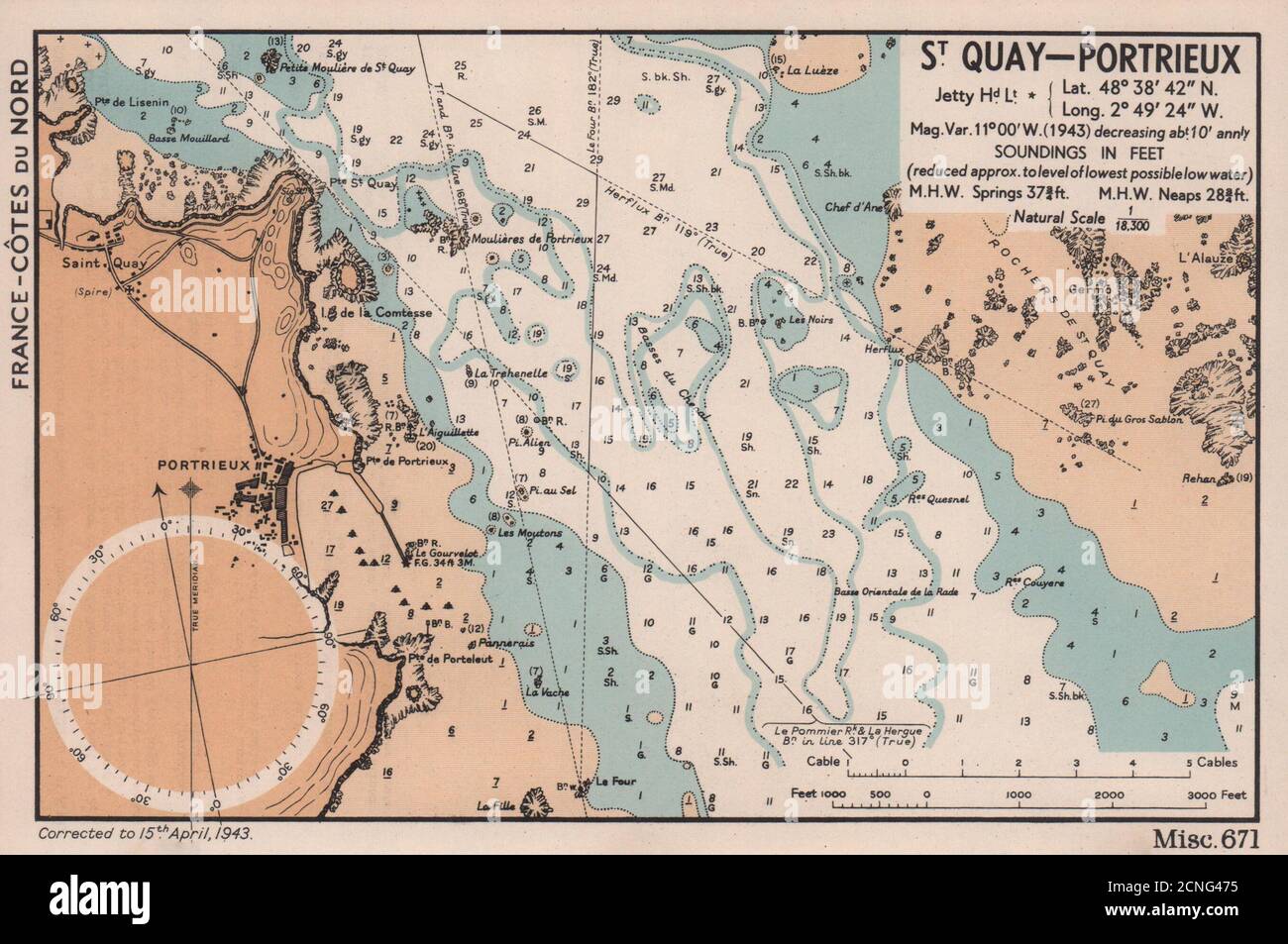 Saint-Quay-Portrieux mappa della costa del mare. Côtes-d'Armor. ADMIRALTY 1943 vecchia mappa Foto Stock