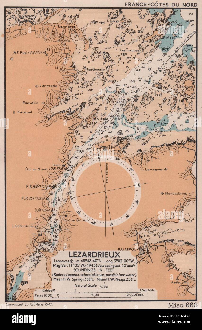 Lezardrieux mare costa grafico. Mappa di pianificazione D-Day. Côtes-d'Armor. AMMIRAGLIATO 1943 Foto Stock