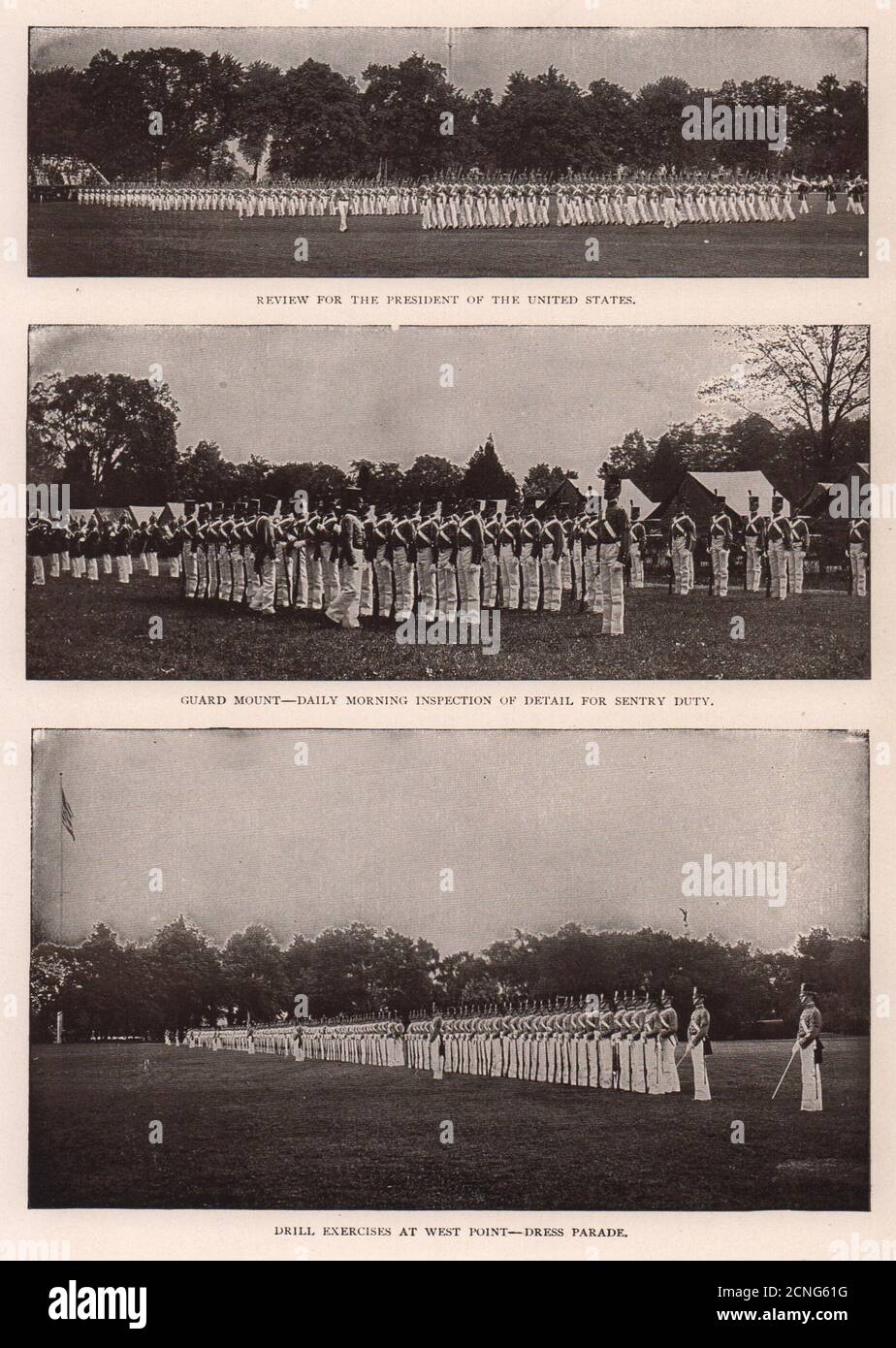 Ispezione per impieghi di sicurezza Sentry Mount. Esercizi di perforazione, West Point 1903 vecchia stampa Foto Stock