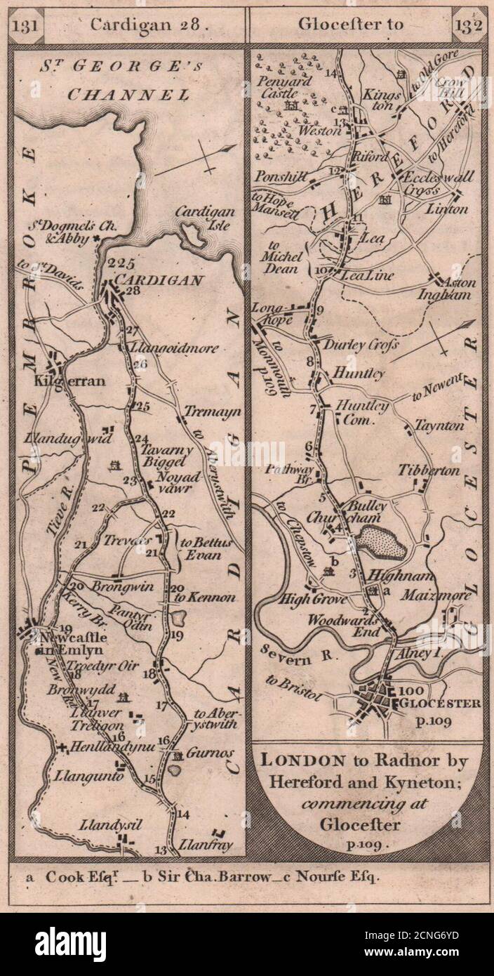 Newcastle Emlyn-Cardigan. Cartina stradale Gloucester-Huntley PATERSON 1803 Foto Stock