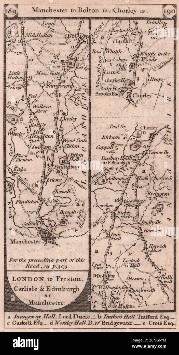 Manchester-Pendlebury-Bolton-Chorley-Leyland Road Strip map PATERSON 1803 Foto Stock