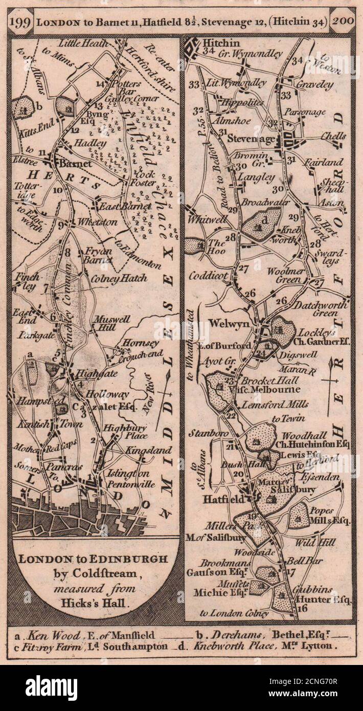 Mappa stradale di Hampstead-Barnet-Hatfield-Welwyn-Stevenage PATERSON 1803 Foto Stock