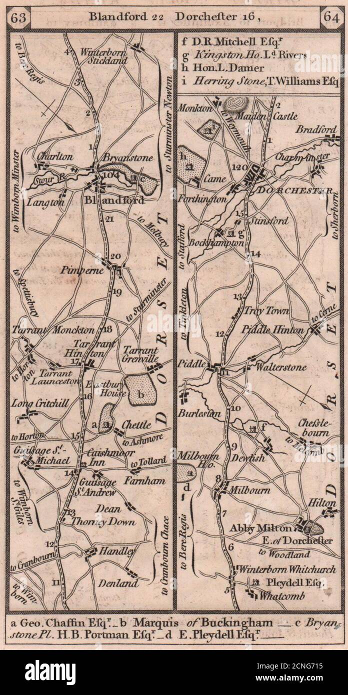 Blandford Forum-Milborne-Puddletown-Dorchester Road Strip map PATERSON 1803 Foto Stock