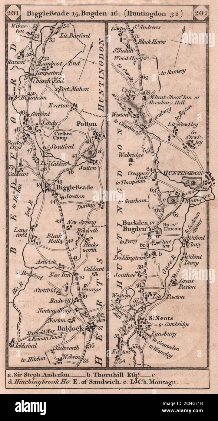 Baldock-Biggleswade-Potton-St Neots-Huntingdon Road Strip map PATERSON 1803 Foto Stock