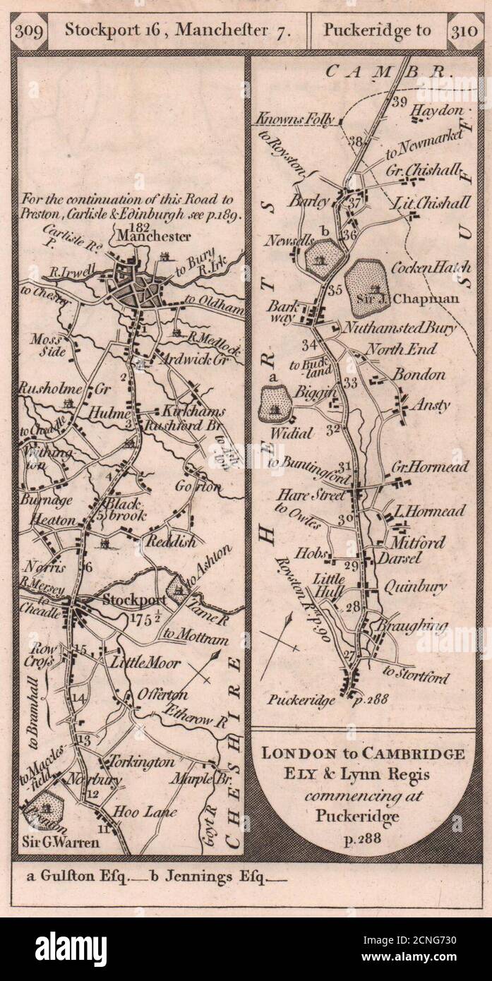 Stockport-Manchester. Puckeridge-Barley Road Strip map PATERSON 1803 vecchio Foto Stock