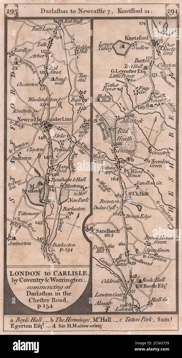 Stafford-Newcastle/Lyme-Stoke/Trent-Knutsford Road Strip mappa PATERSON 1803 Foto Stock