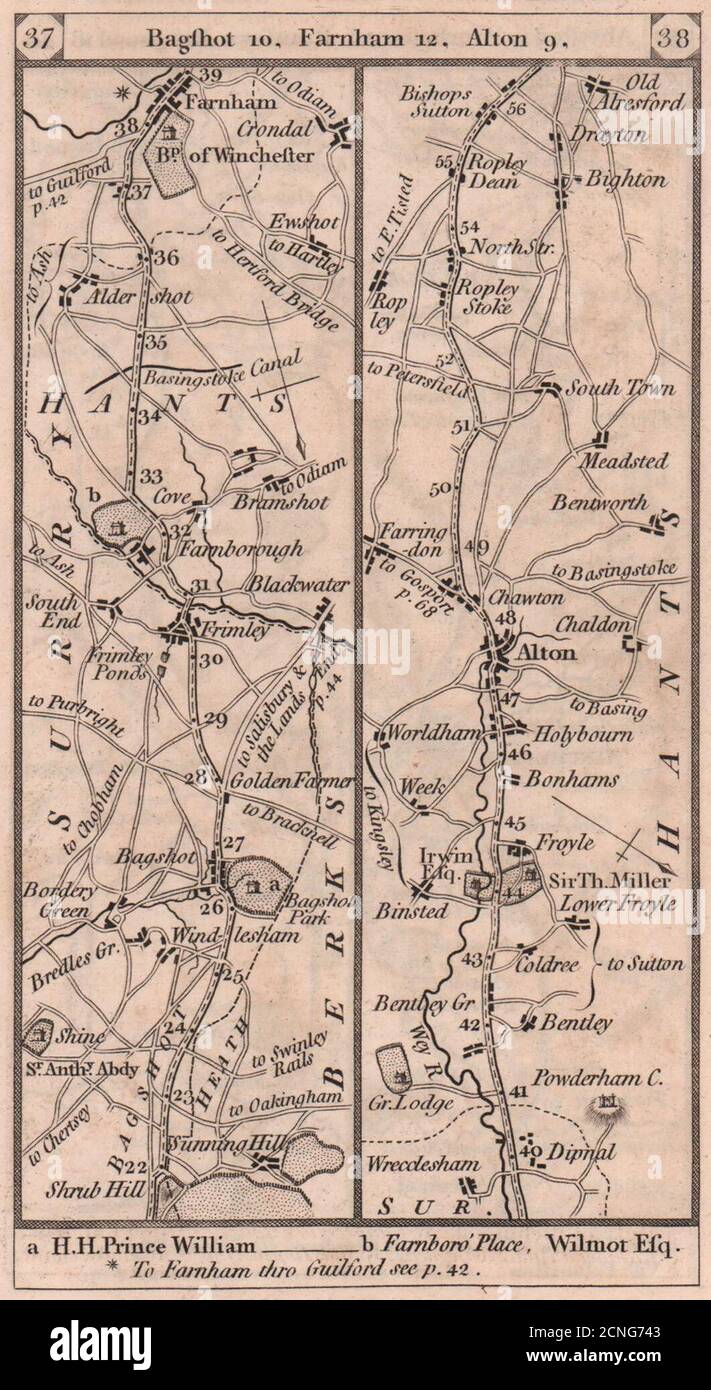 Mappa stradale di Bagshot-Aldershot-Farnham-Alton-Old Alresford PATERSON 1803 Foto Stock