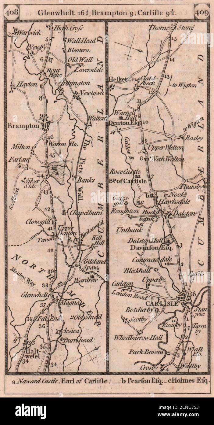 Mappa stradale di Haltwhistle - Brampton - Carlisle - Dalton PATERSON 1803 Foto Stock