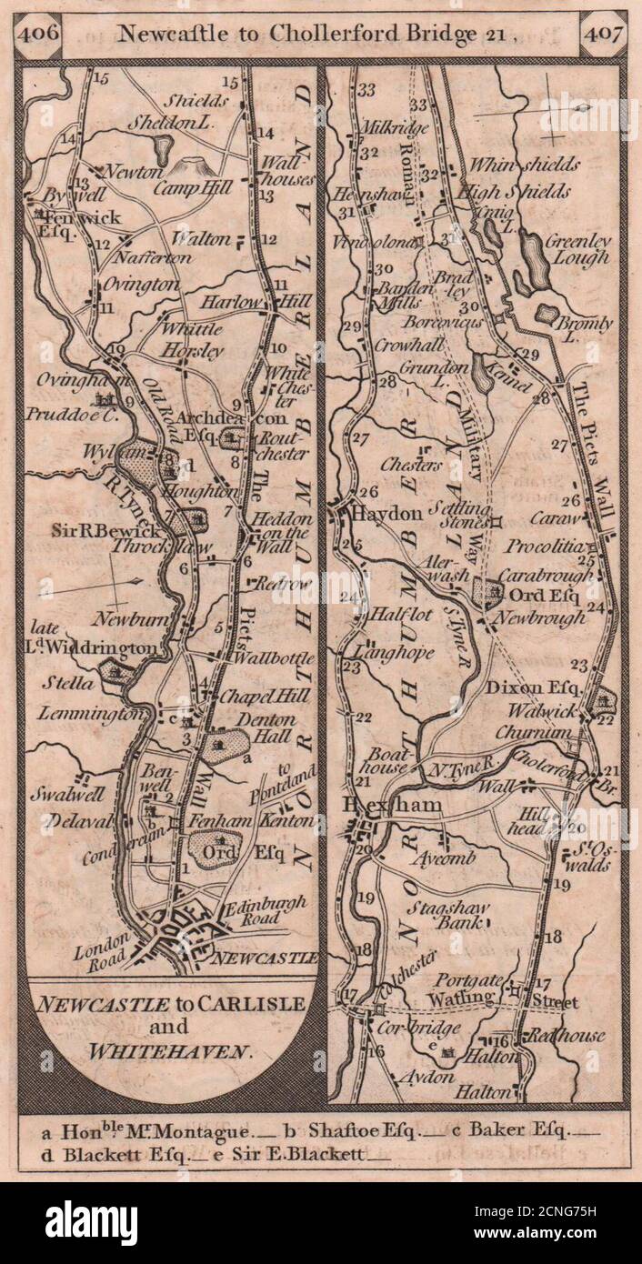 Newcastle-upon-Tyne - Hexham - Haydon Bridge Road Strip map PATERSON 1803 Foto Stock