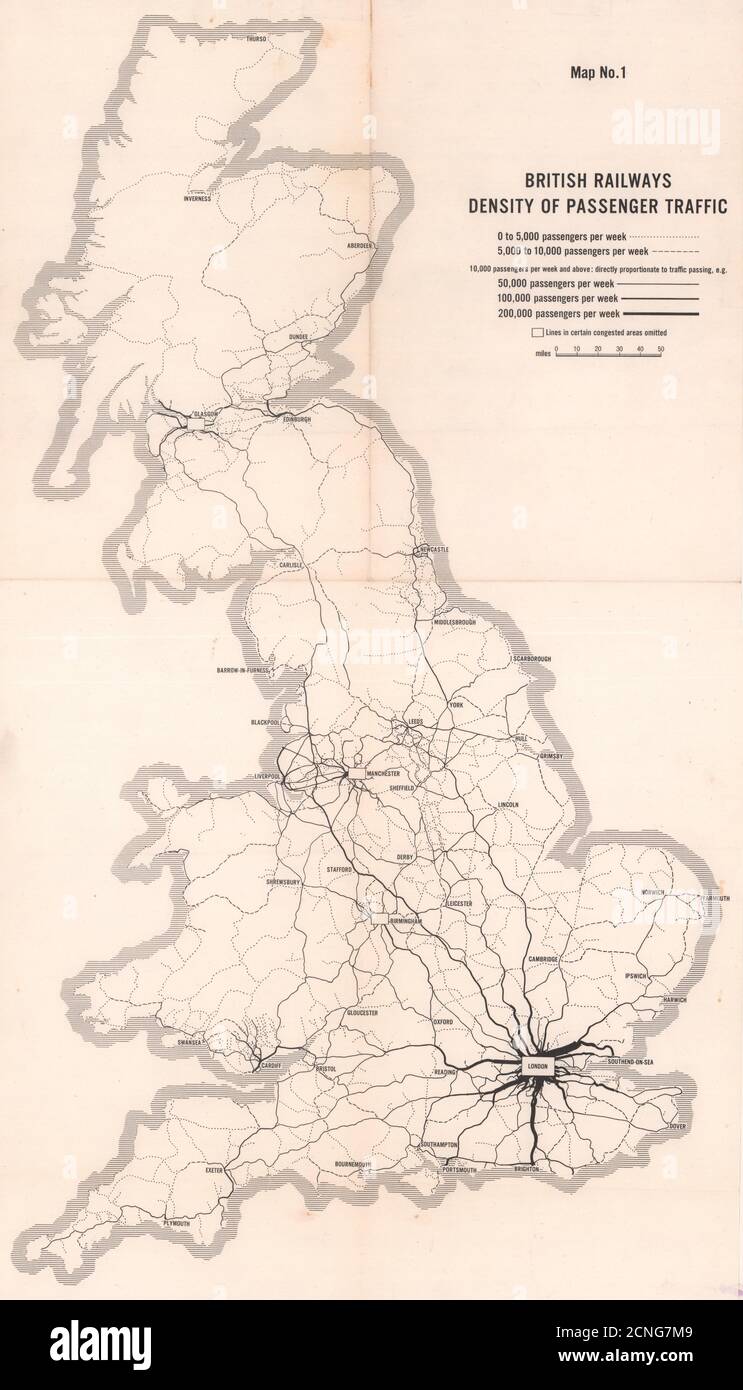 British Railways densità del traffico passeggeri. BEECHING RELAZIONE 1963 vecchia mappa Foto Stock