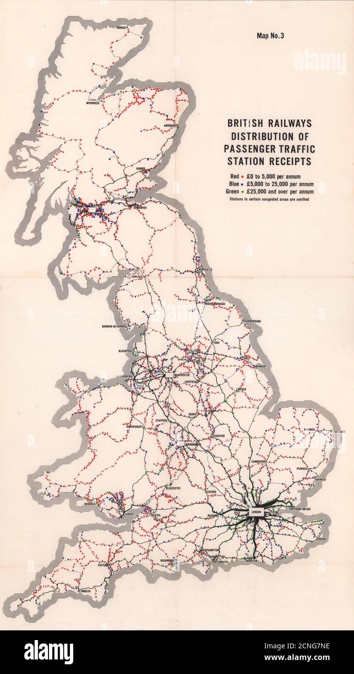 Ricevute della stazione di traffico passeggeri delle ferrovie britanniche. Mappa DEL RAPPORTO 1963 di BEECHING Foto Stock