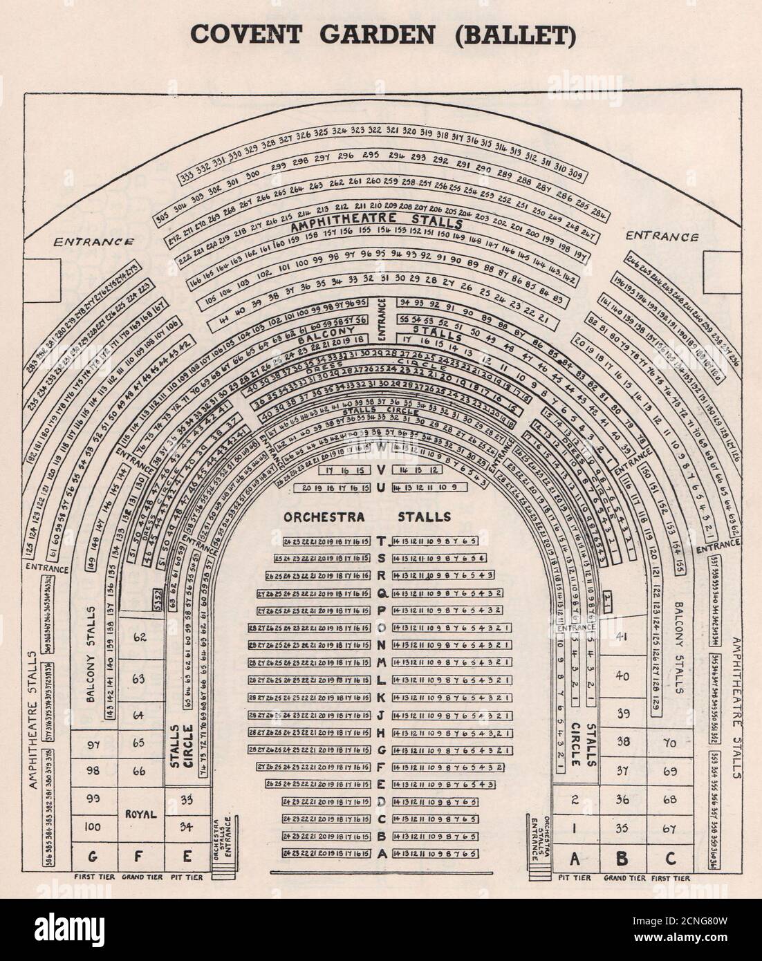 PIANO di posti a sedere vintage DEL COVENT GARDEN Royal Opera House per balletto. West End 1937 Foto Stock